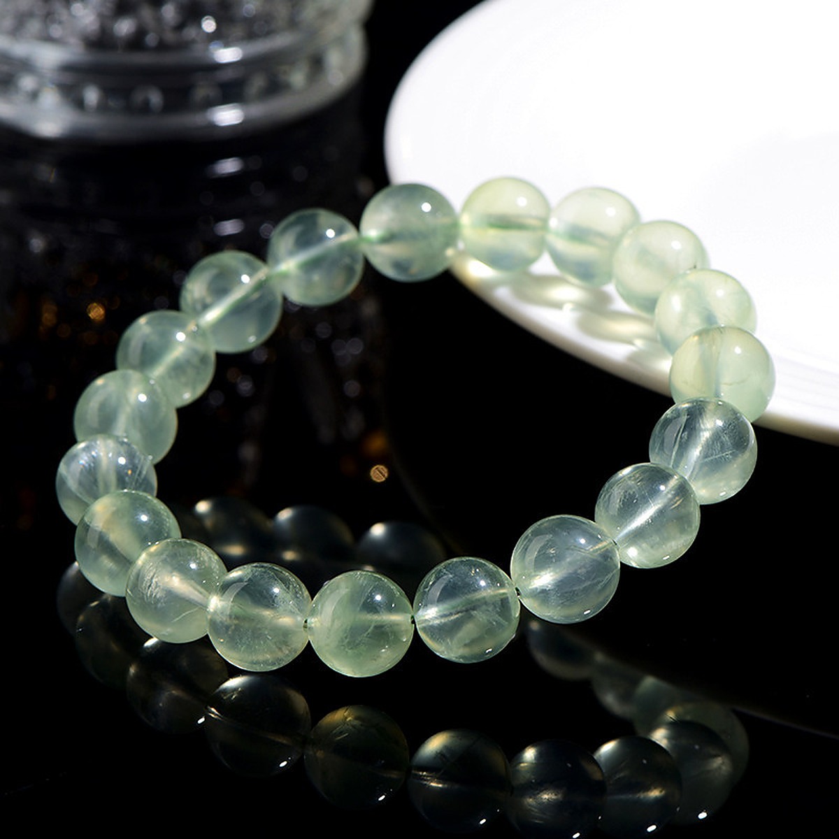Soft Green Prehnite Bead Bracelet close bead detail thumbnail