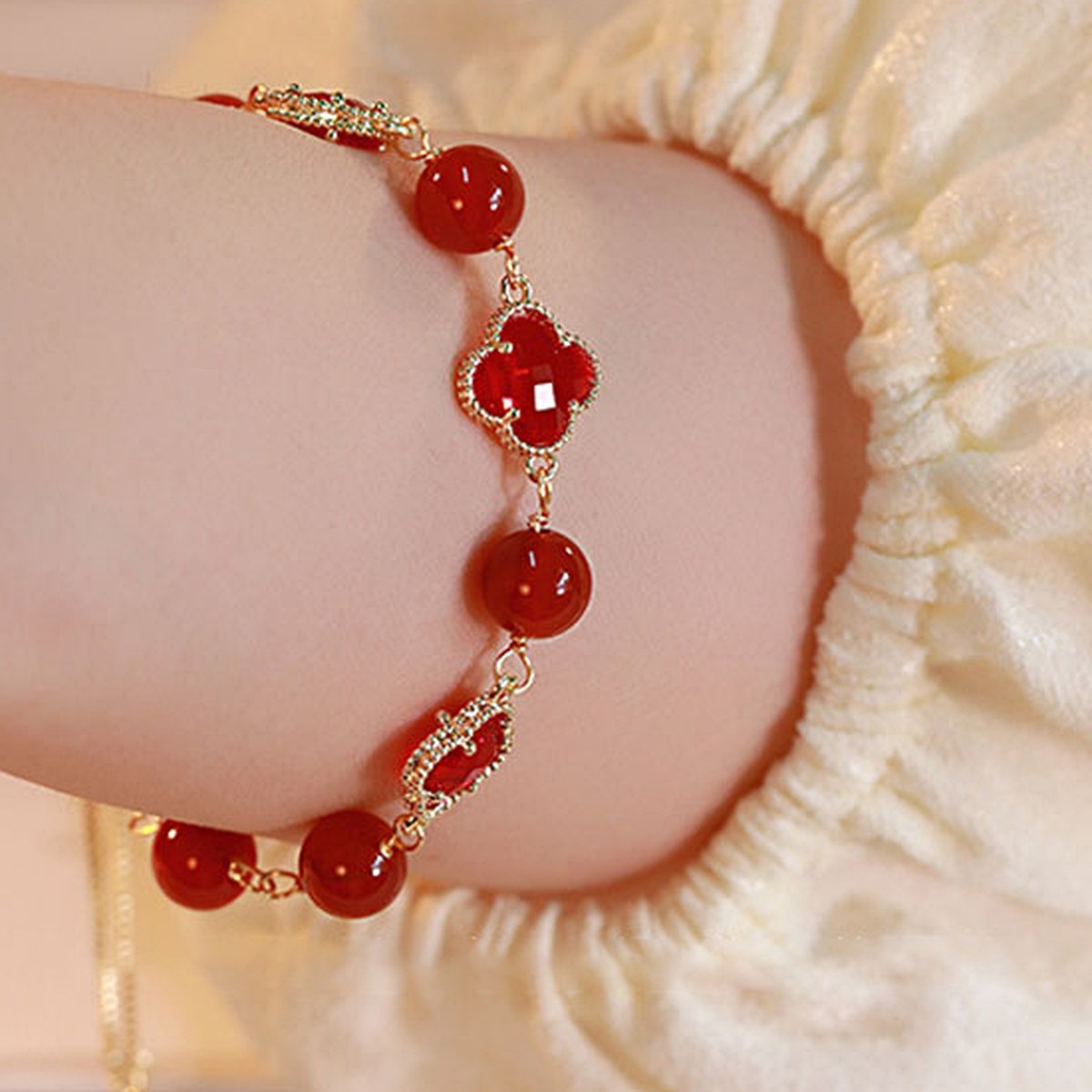 Red Clover Bead Bracelet close bead detail thumbnail