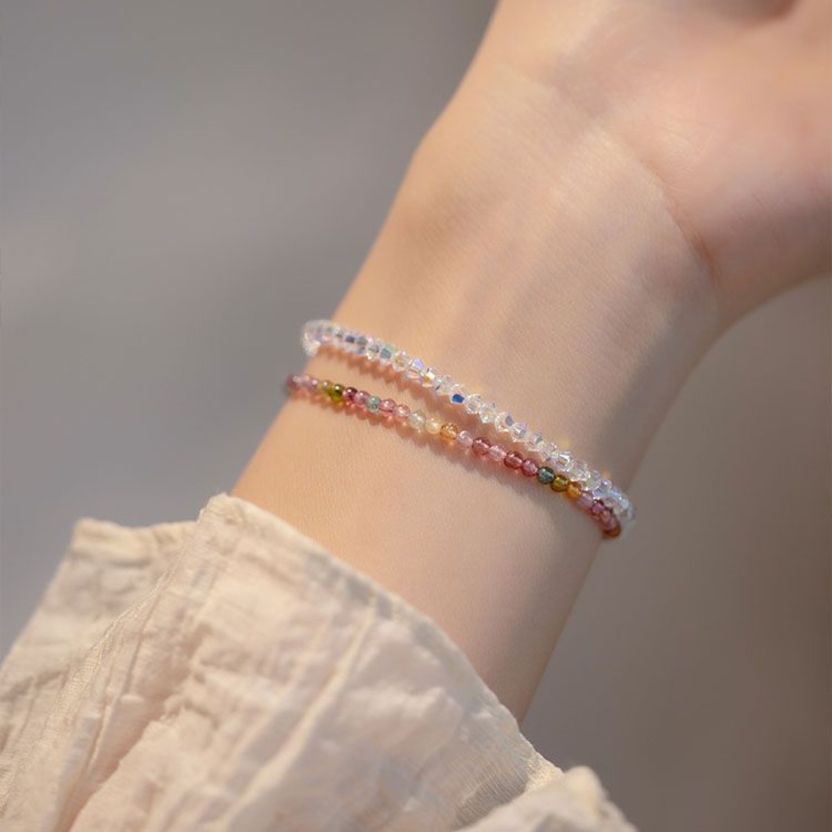 Fine Rainbow Micro Bead Bracelet flat lay detail thumbnail