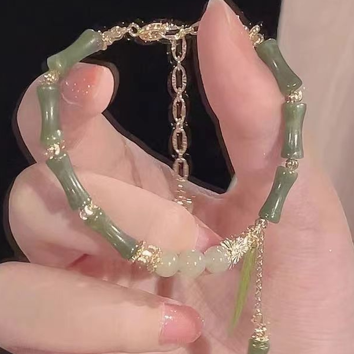 Green Bamboo Butterfly Bracelet close bead detail thumbnail