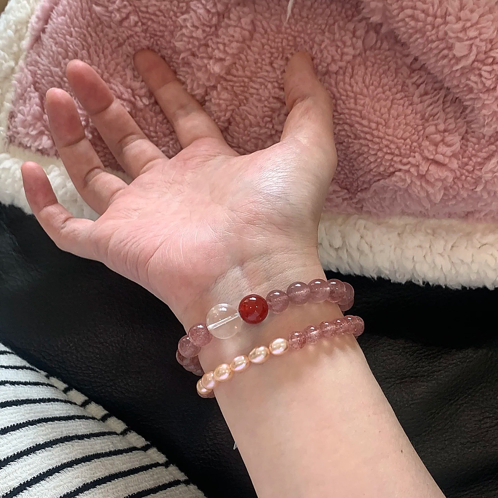 Soft Pink Strawberry Quartz Bracelet close bead detail thumbnail