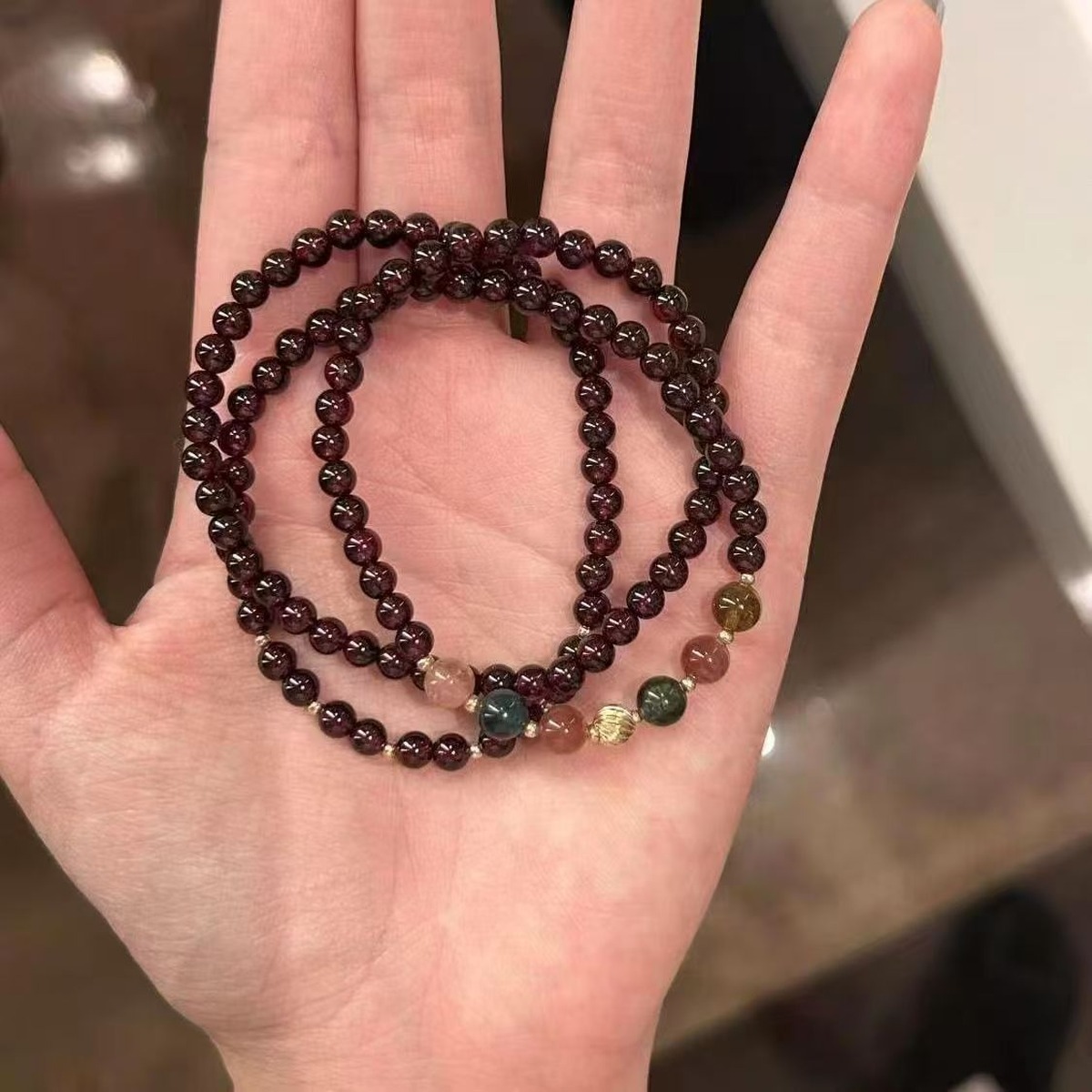 Wine Garnet Layer Bracelet close bead detail thumbnail