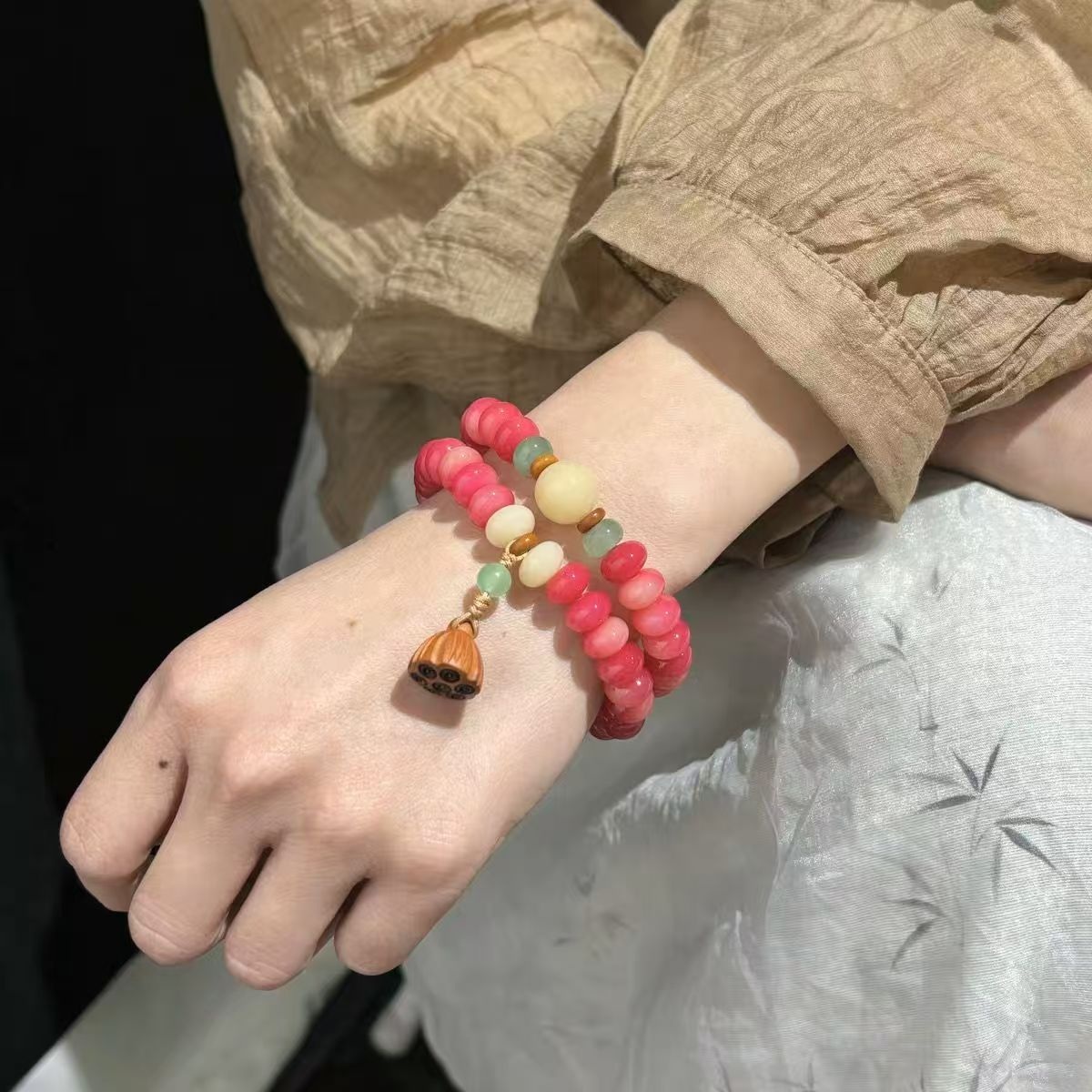 Blush Tassel Bead Bracelet close bead detail thumbnail